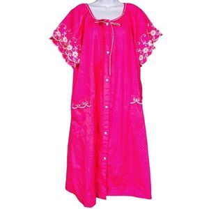 Vintage 80s Womens Housecoat Robe 2XL Pink White Polka Dot Short Sleeve